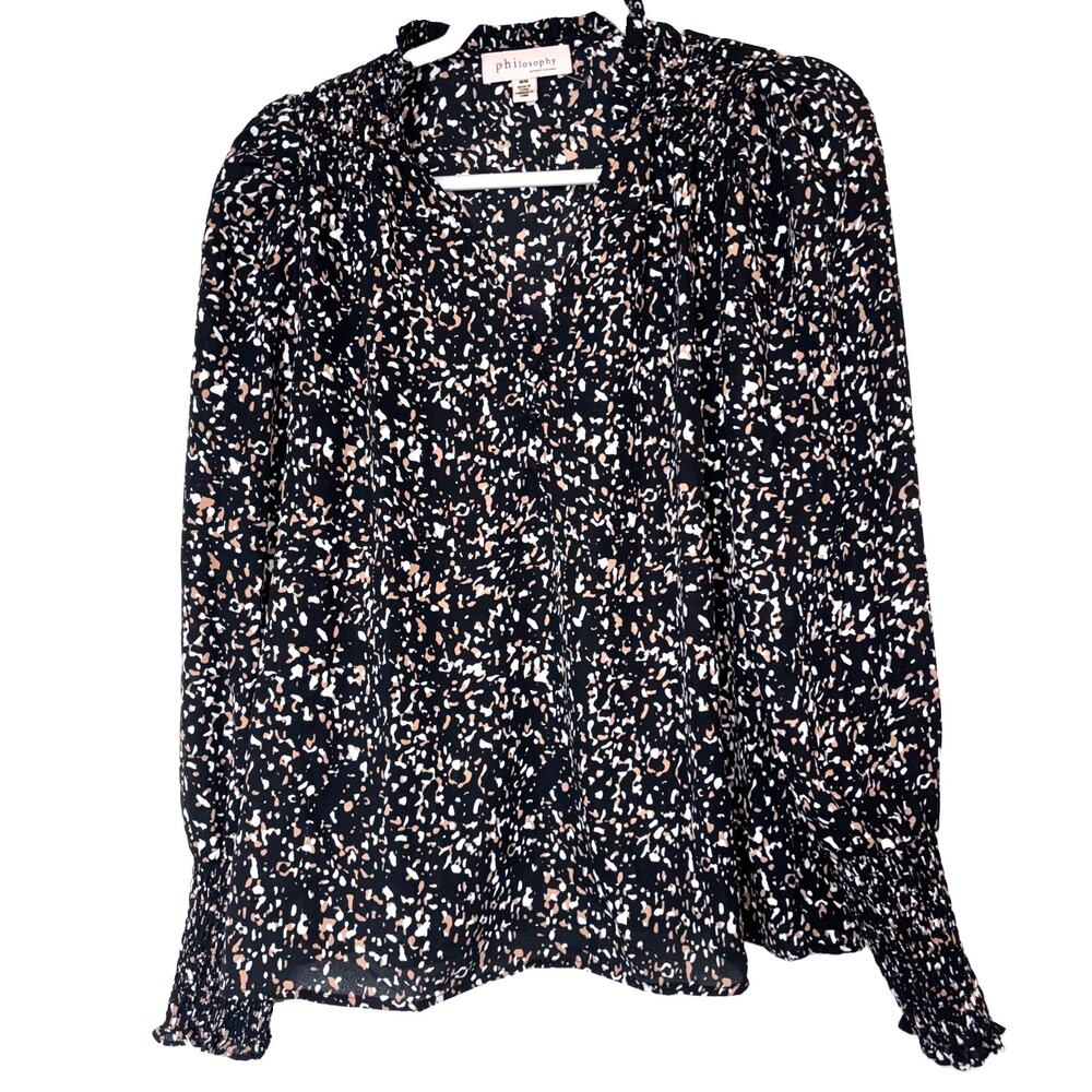 Philosophy Woman Black White Gold Cinch Sleeve Long Sleeve Blouse M Ruffles